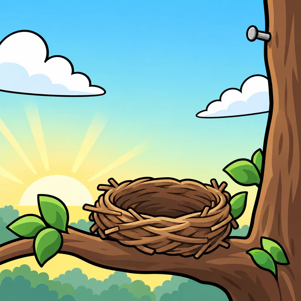 an empty nest on a branch at sunrise, a nail in the tree