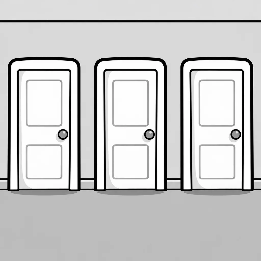 a hallway with three identical closed doors